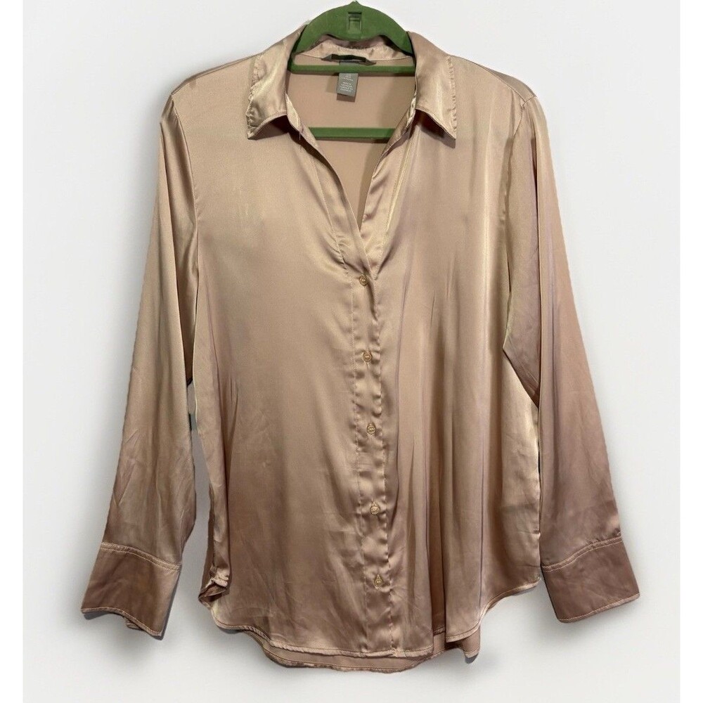 H&M Womens Satin Button-Up Long Sleeve Blouse Top Pink M Quiet Luxury Minimalist